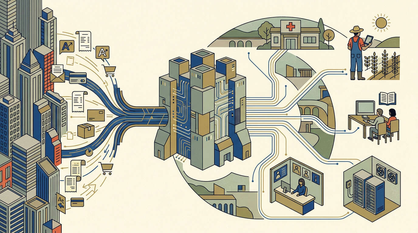 Editorial illustration of commercial activity flowing into a central computing exchange, then branching outward to locally used digital tools in a clinic, farm, classroom, government office, and regional server.